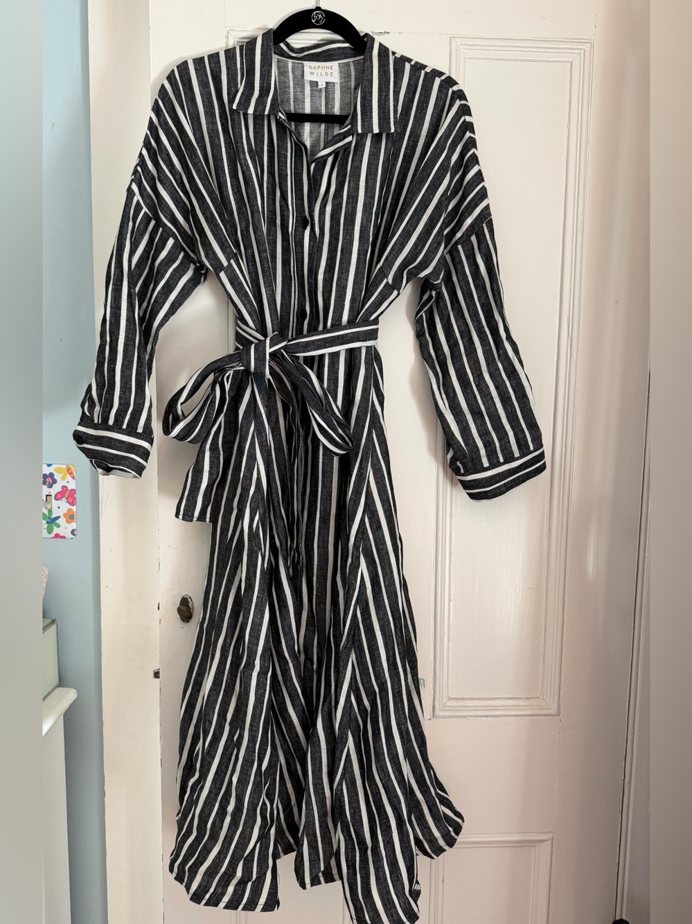Daphne Wilde Black & White Striped Linen Dress with Tie Belt